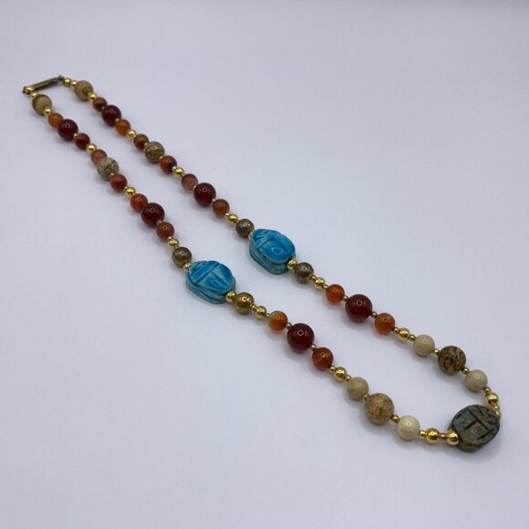Carnelian Jasper Aqua Scarab Vintage Handmade Beaded Necklace J699 - Picture 7 of 11